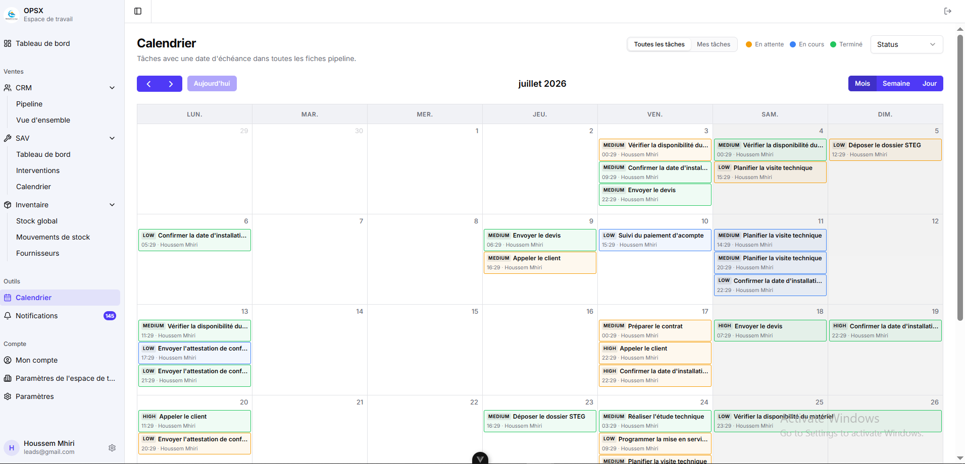 Solis System calendar: the full team schedule in month, week and day views, with installation and after-sales appointments.